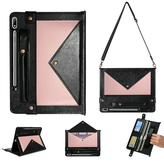 Dteck Case for Samsung Galaxy Tab S8+/S7 Plus/S7 FE 12.4 Inch with S Pen Holder, Portfolio Crossbody Strap Wallet Case with Large Storage Pocket for SM-X800/X806/T730/T736B/T970/T975, Rosegold + Black
