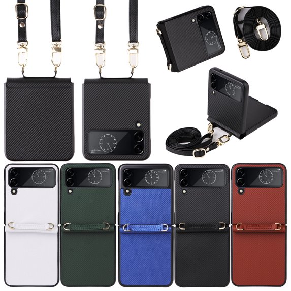 Dteck Case for Samsung Galaxy Z Flip 3 5G Phone (2021) with Long Shoulder Strap Crossbody PU Leather Hard Back Shell Full Body Shockproof Anti-slip Lightweight Cover for Galaxy Z Flip 3 (6.7"),Black