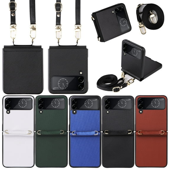 Dteck Case for Samsung Galaxy Z Flip 3 5G Phone (2021) with Long Shoulder Strap Crossbody PU Leather Hard Back Shell Full Body Shockproof Anti-slip Lightweight Cover for Galaxy Z Flip 3 (6.7"),Black
