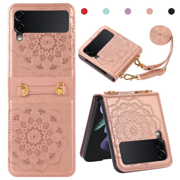 Dteck Case For Samsung Galaxy Z Flip 3 5G Shockproof Embossed Mandala Pattern Women's Wallet Case with Card Holder Detachable Shoulder Strap, Rosegold