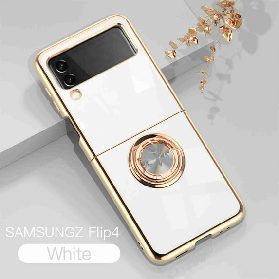 Dteck Case for Samsung Galaxy Z Flip 4 5G Soft TPU Plating Shockproof Protective Built in 360 Degree Rotate Ring Holder Kickstand Magnetic Slim Cover for Women Girls Men,White