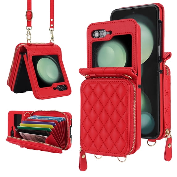 Dteck Case for Samsung Galaxy Z Flip 5 with Card Holder, Crossbody 8-Card Slots RFID Blocking Wallet Case with Adjustable Strap Soft PU Leather Protective Zipper Pocket for Women Girls,Red