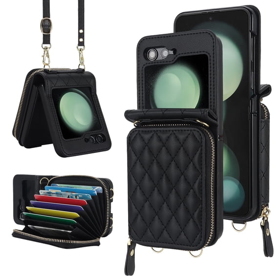 Dteck Case for Samsung Galaxy Z Flip 5 with Card Holder, Crossbody 8-Card Slots RFID Blocking Wallet Case with Adjustable Strap Soft PU Leather Protective Zipper Pocket for Women Girls,Black