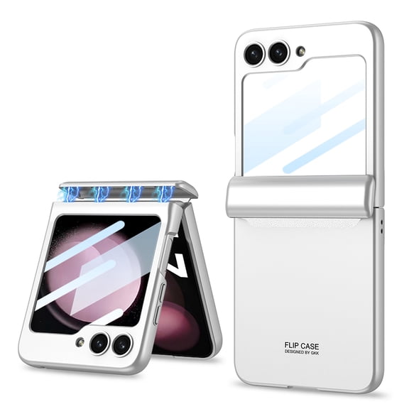 Dteck Case for Samsung Galaxy Z Flip 5 Case with Magnetic Hinge Protection and Built in Small Screen Protector, Shockproof Anti-Resistant Anti-Drop Matte PC Cover for Galaxy Z Flip 5 2023,Silver