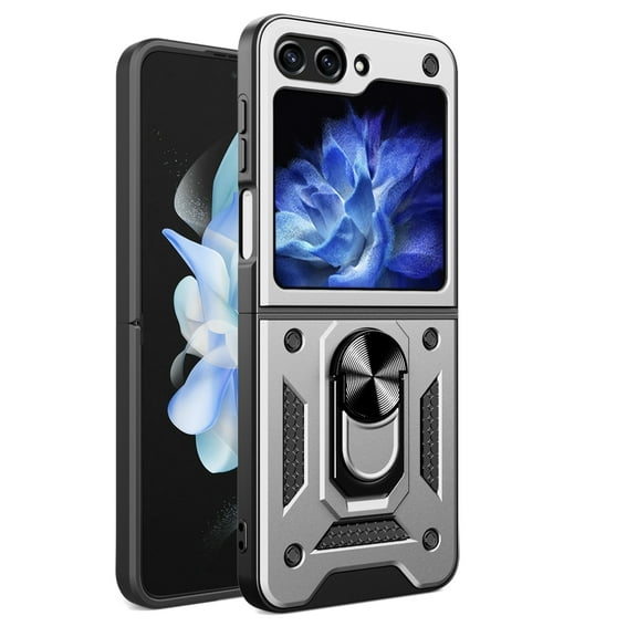 Dteck Case for Samsung Galaxy Z Flip 6, Heavy Duty Protective TPU + PC Cover & 360° Finger Ring Stable Kickstand Case for Galaxy Z Flip 6 5G 2024,Silver