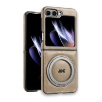 Dteck Case for Samsung Galaxy Z Flip 7 5G Case with Metal Ring Holder, Compatible with MagSafe Accessory Luxury PU Leather Bumper Skin Friendly Anti-Fingerprint Shockproof Kickstand Case, Gray