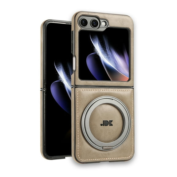 Dteck Case for Samsung Galaxy Z Flip 7 5G Case with Metal Ring Holder, Compatible with MagSafe Accessory Luxury PU Leather Bumper Skin Friendly Anti-Fingerprint Shockproof Kickstand Case, Gray