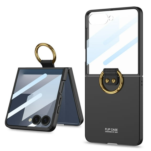 Dteck Case for Samsung Galaxy Z Flip 7, Shockproof PC Case Built-in External Screen Protector Slim Stand Cover with Ring Holder For Galaxy Z Flip 7,Black