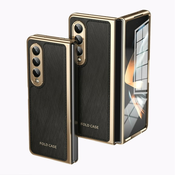 Dteck Case for Samsung Galaxy Z Fold 3,Luxury Leather Built-in Screen Protector Case Shockproof Electroplated Hard PC Bumper Cover for Galaxy Z Fold 3 5G,Black