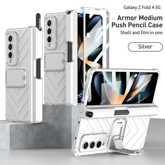 Dteck Case for Samsung Galaxy Z Fold 4 7.6" 2022, Shell & Frame Integrated Strong Magentic Case Pen Push 360°Full Wrap Drop Reistant Hiddefn Kickstand Wireless Charging Folding Case, Silver