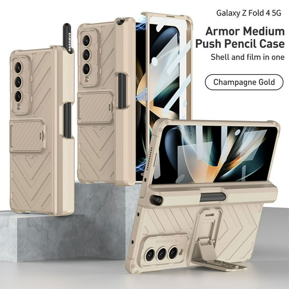Dteck Case for Samsung Galaxy Z Fold 4 7.6" 2022, Shell & Frame Integrated Strong Magentic Case Pen Push 360°Full Wrap Drop Reistant Hiddefn Kickstand Wireless Charging Folding Case, Gold