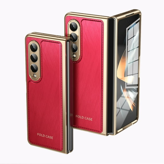 Dteck Case for Samsung Galaxy Z Fold 4,Luxury Leather Built-in Screen Protector Case Shockproof Electroplated Hard PC Bumper Cover for Galaxy Z Fold 4 5G,Red