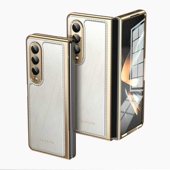 Dteck Case for Samsung Galaxy Z Fold 4,Luxury Leather Built-in Screen Protector Case Shockproof Electroplated Hard PC Bumper Cover for Galaxy Z Fold 4 5G,White
