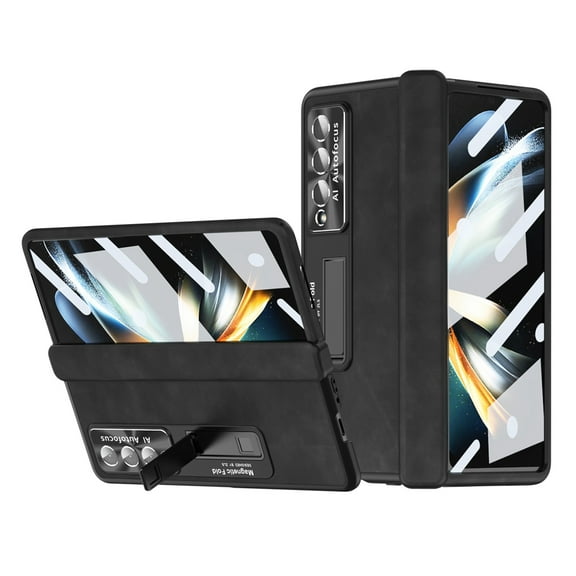 Dteck Case for Samsung Galaxy Z Fold 4,Shockproof Leather Hybrid PC Case Built-in Screen Protector & Hinge Protection & Camera Lens Protector Cover Kickstand with Pen Stylus,Black