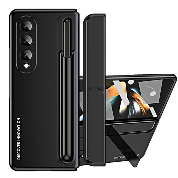 Dteck Case For Samsung Galaxy Z Fold 4,Shockproof Rugged Built-in S Pen Holder & Hinge Protection Front Screen Protector Slim PC Kicstand Cover with Pen Stylus,Black