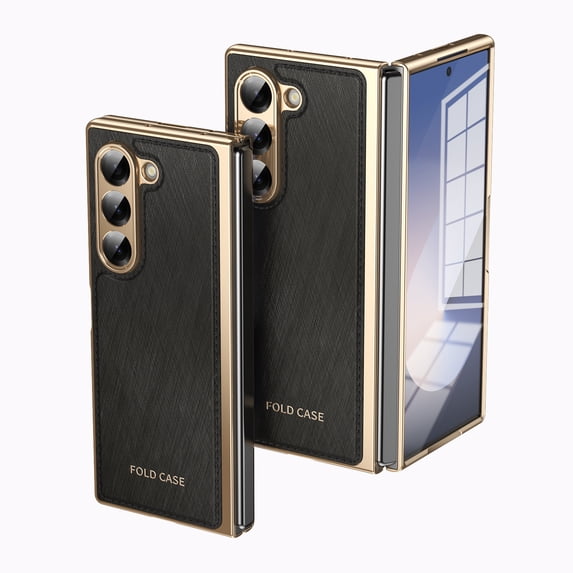Dteck Case for Samsung Galaxy Z Fold 5,Luxury Leather Built-in Screen Protector Case Shockproof Electroplated Hard PC Bumper Cover for Galaxy Z Fold 5 5G,Black