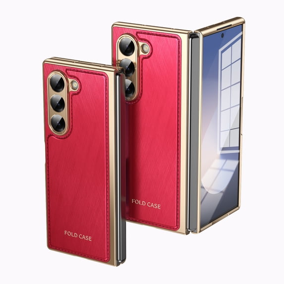 Dteck Case for Samsung Galaxy Z Fold 5,Luxury Leather Built-in Screen Protector Case Shockproof Electroplated Hard PC Bumper Cover for Galaxy Z Fold 5 5G,Red