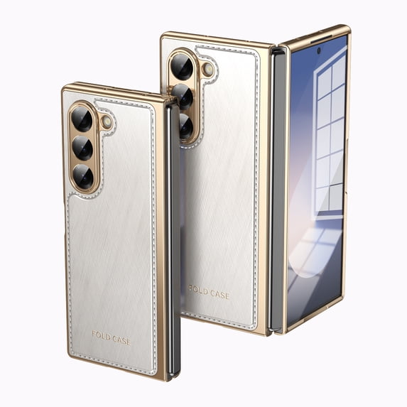 Dteck Case for Samsung Galaxy Z Fold 5,Luxury Leather Built-in Screen Protector Case Shockproof Electroplated Hard PC Bumper Cover for Galaxy Z Fold 5 5G,White