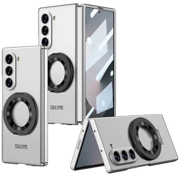 Dteck Case for Samsung Galaxy Z Fold 5,Magnetic Ring Holder Kickstand Shockproof PC Built-in Front Screen Protector Mag Safe Cover for Galaxy Z Fold 5 5G,Silver
