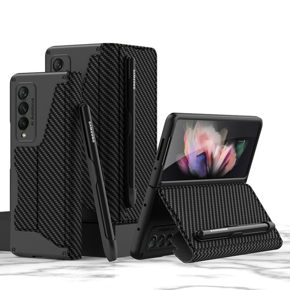 Dteck Case For Samsung Galaxy Z Fold 5,Military Armor Case with Detachable Pen Slot Shockproof Leather Card Holder Wallet Hybrid PC Kickstand Cover,Carbonfiber