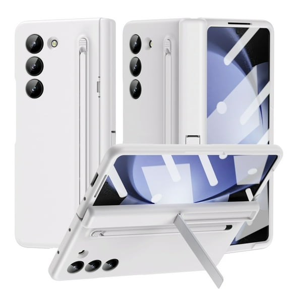 Dteck Case for Samsung Galaxy Z Fold 5,Shockproof Hinge Protection Case with Tempered Glass Front Screen Protector Pen Slot Invisible Stand Full Body Cover with Stylus,White