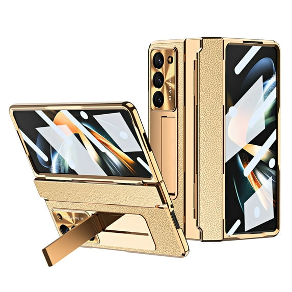 Dteck Case for Samsung Galaxy Z Fold 5,Shockproof Leather Case Electroplating PC Built-in Screen Protector Hinge Protection Kickstand Full Body Cover, Gold+Gold