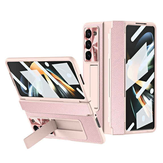 Dteck Case for Samsung Galaxy Z Fold 5,Shockproof Leather Case Electroplating PC Built-in Screen Protector Hinge Protection Kickstand Full Body Cover,Pink