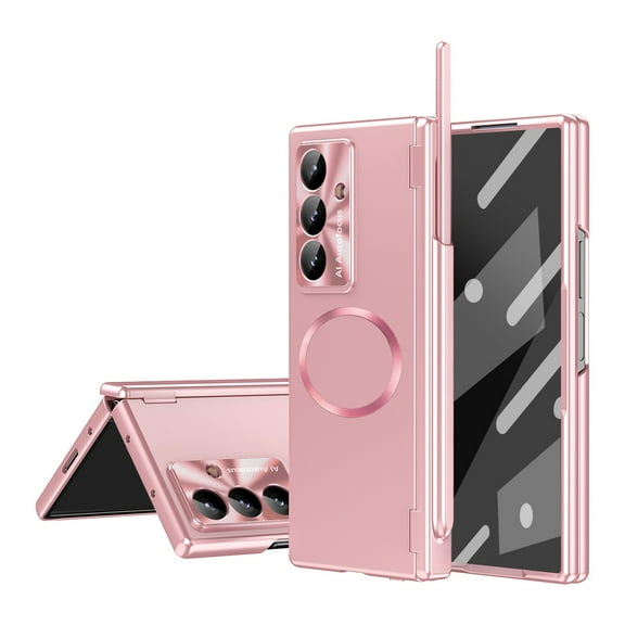 Dteck Case for Samsung Galaxy Z Fold 6 with Built-in Glass Screen Protector, Shockproof Plating Magnetic with 2 Hinge Protection Full Body Hard PC Pen Holder Cover, Pink