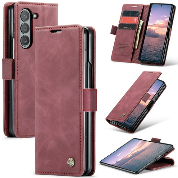 Dteck Case for Samsung Galaxy Z Fold 6 , Magnetic Closure Leather Flip Wallet Case with Card Holder Shockproof Kickstand Protective Phone Cover for Samsung Galaxy Z Fold 6,Winered