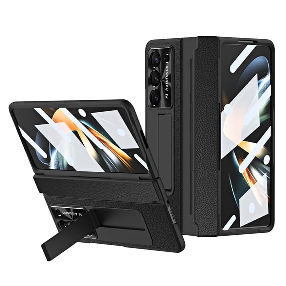 Dteck Case for Samsung Galaxy Z Fold 6,Shockproof Leather Case Electroplating PC Built-in Screen Protector Hinge Protection Kickstand Full Body Cover, Black