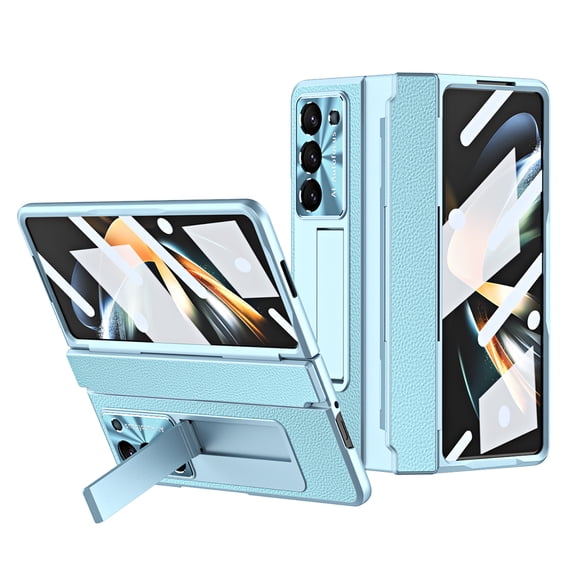 Dteck Case for Samsung Galaxy Z Fold 6,Shockproof Leather Case Electroplating PC Built-in Screen Protector Hinge Protection Kickstand Full Body Cover,Blue
