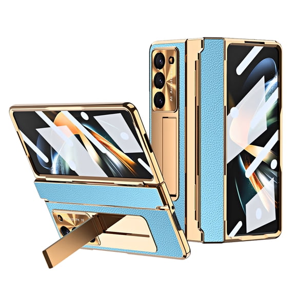 Dteck Case for Samsung Galaxy Z Fold 6,Shockproof Leather Case Electroplating PC Built-in Screen Protector Hinge Protection Kickstand Full Body Cover,Blue+Gold