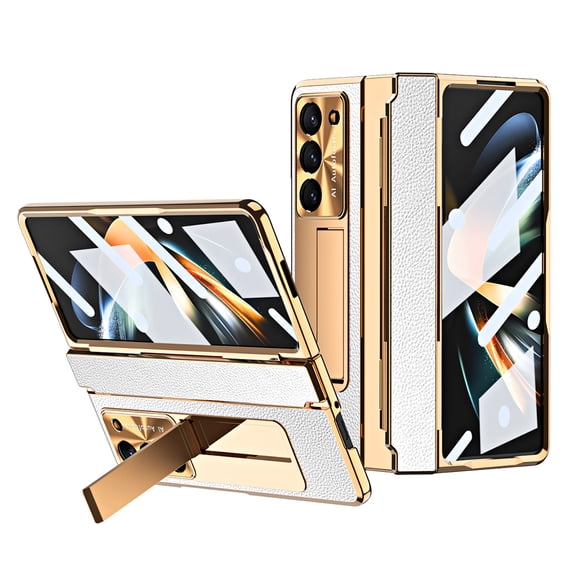 Dteck Case for Samsung Galaxy Z Fold 6,Shockproof Leather Case Electroplating PC Built-in Screen Protector Hinge Protection Kickstand Full Body Cover, White+Gold