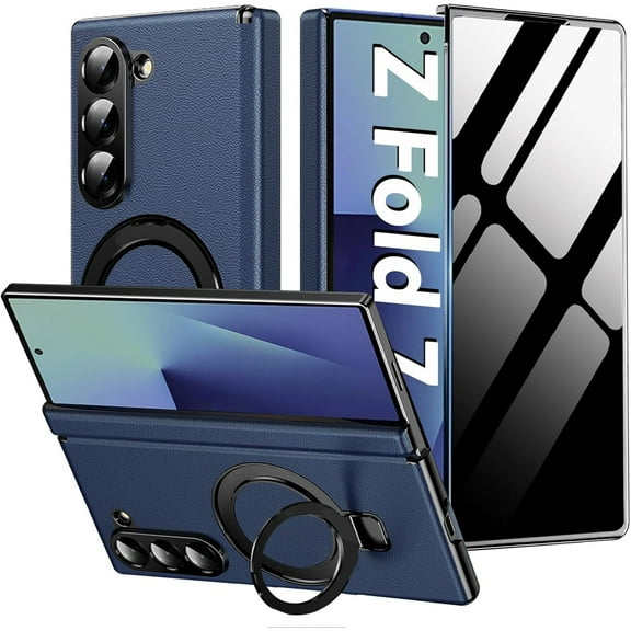 Dteck Case for Samsung Galaxy Z Fold 7, Premium Leather Phone Case with Privacy Screen ＆ Hinge Protection ＆ Magnetic Kickstand,Slim Shockproof Protective Cover for Galaxy Z Fold 7 2025,Blue
