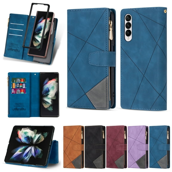 Dteck Case For Samsung Galaxy Z Fold3 5G,Magnetic Leather Zipper Card Holder Wallet Hyrbid PC Case Kickstand Shockproof Protective Cover with Wrist Strap,Blue