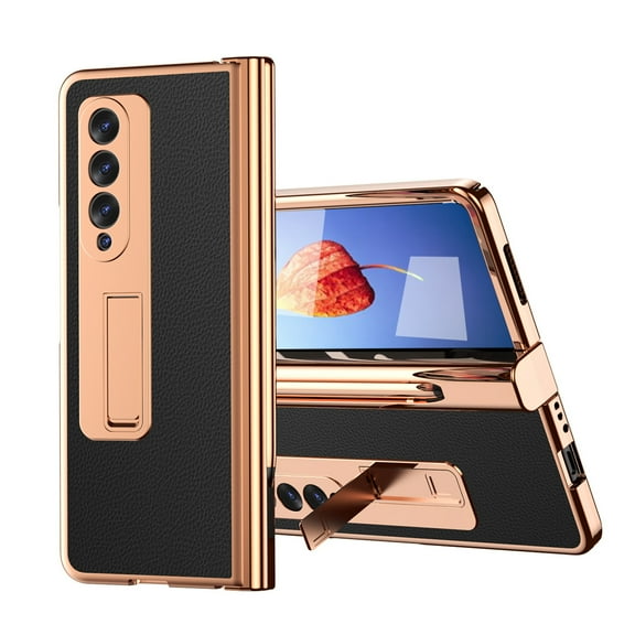 Dteck Case for Samsung Galaxy Z Fold4 with Pen Holder, PU Leather Pattern + Tempered Glass Screen Protector + Plating All-Inclusive Hinge Protector Case Kickstand Cover for Samsung Z Fold4,Black