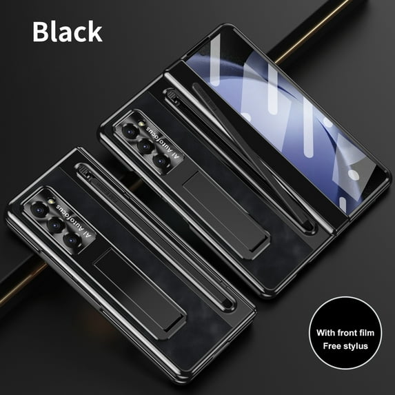 Dteck Case for Samsung Galaxy Z Fold5,Vintage Leather Built-in Front Screen Protector Case Shockproof PC Kickstand Hinge Protection Cover with Stylus, Black