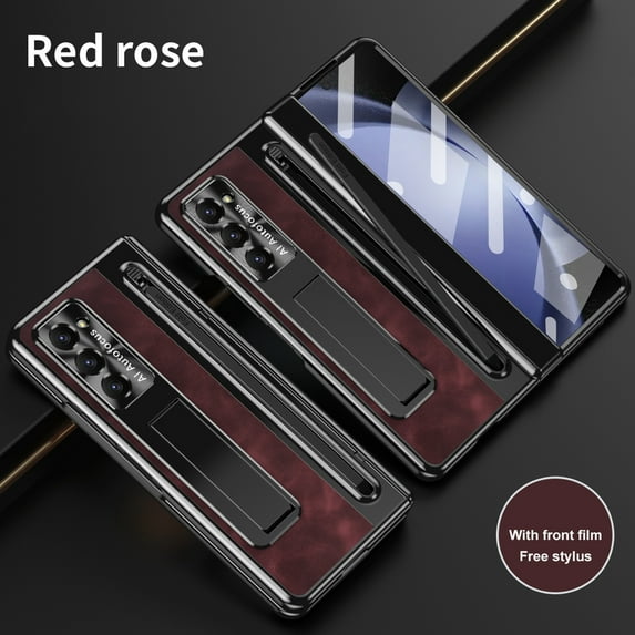 Dteck Case for Samsung Galaxy Z Fold5,Vintage Leather Built-in Front Screen Protector Case Shockproof PC Kickstand Hinge Protection Cover with Stylus,Rose