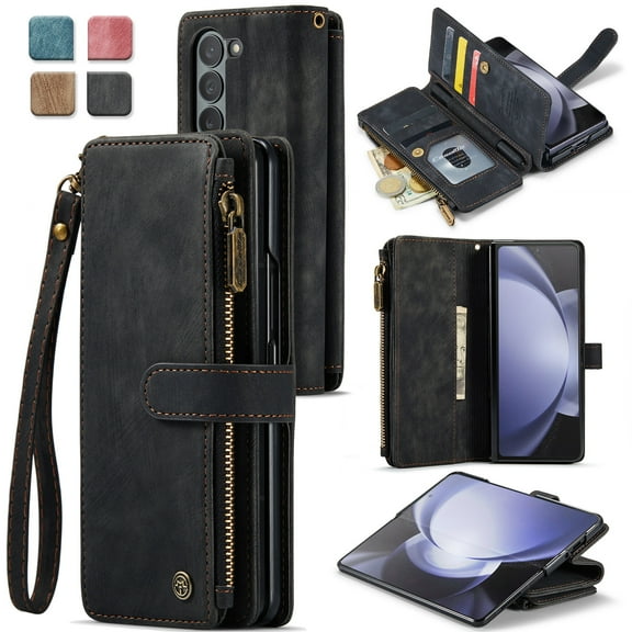 Dteck Case for Samsung Galaxy Z Fold5 Wallet Cover for Women Men,Luxury Durable PU Leather Magnetic Closure Card Pocket Zipper S-Pen Holder Case with Lanyard Strap Wristlet,Black