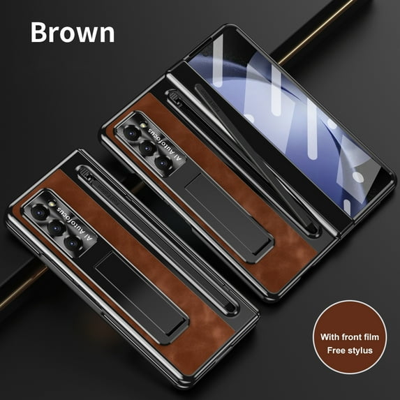 Dteck Case for Samsung Galaxy Z Fold6,Vintage Leather Built-in Front Screen Protector Case Shockproof PC Kickstand Hinge Protection Cover with Stylus,Brown