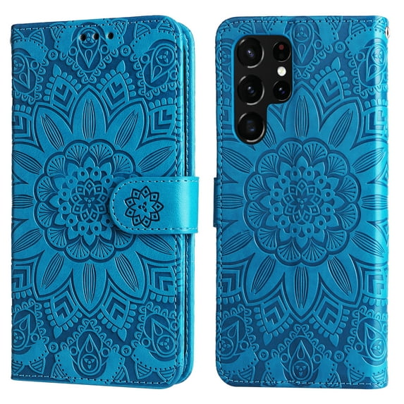 Dteck Case for Samsung S22 Ultra Case, Galaxy S22 Ultra 5G Case Sunflower Embossed PU Leather Flip Cover Wallet Protective Cover with Cards Slot & Wirstlet & Kickstand for Galaxy S22 Ultra, Blue
