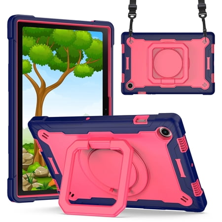 Dteck Case For Samsung Tab A8 10.5 inch X200/X205/X207,Shockproof Rubber Hybrid PC Hard Case with Shoulder Strap Handle Kickstand Kids Friendly Cover for Galaxy Tab A8 10.5" X200 X205 X207,Navy+Rose