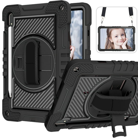 Dteck for Samsung Galaxy Tab S9/S8/S7 Case 11" 2023/2022/2020 Shockproof Protective Tab S9/S8/S7 Kids Tablet Cover with Pen Holder Rotating Hand Strap & Stand,Black