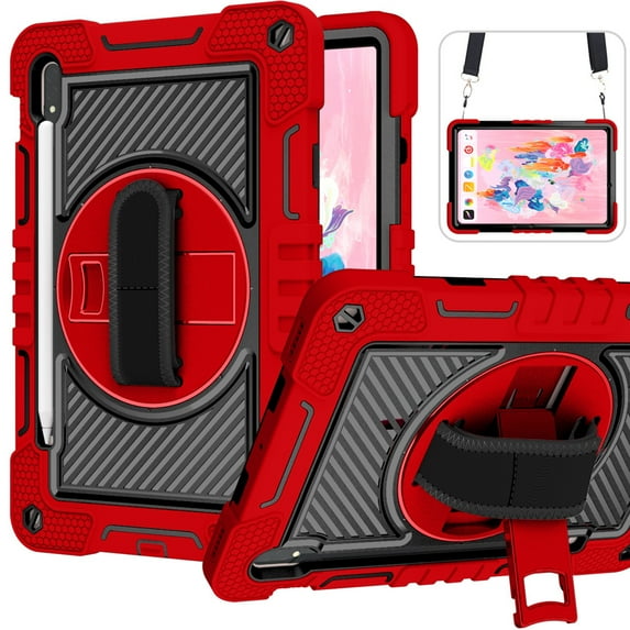 Dteck for Samsung Galaxy Tab S9/S8/S7 Case 11" 2023/2022/2020 Shockproof Protective Tab S9/S8/S7 Kids Tablet Cover with Pen Holder Rotating Hand Strap & Stand,Red + Black