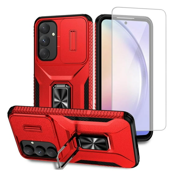 Dteck Case with Screen Protector for Samsung Galaxy A36 5G,Shockproof TPU+PC Case Slide Camera Cover & Rotated Ring Kickstand,Military-Grade Protection Back Phone Case for Galaxy A36 5G,Red