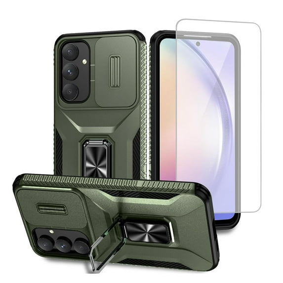 Dteck Case with Screen Protector for Samsung Galaxy A55,Shockproof TPU+PC Case Slide Camera Cover & Rotated Ring Kickstand,Military-Grade Protection Back Phone Case for Galaxy A55,Darkgreen