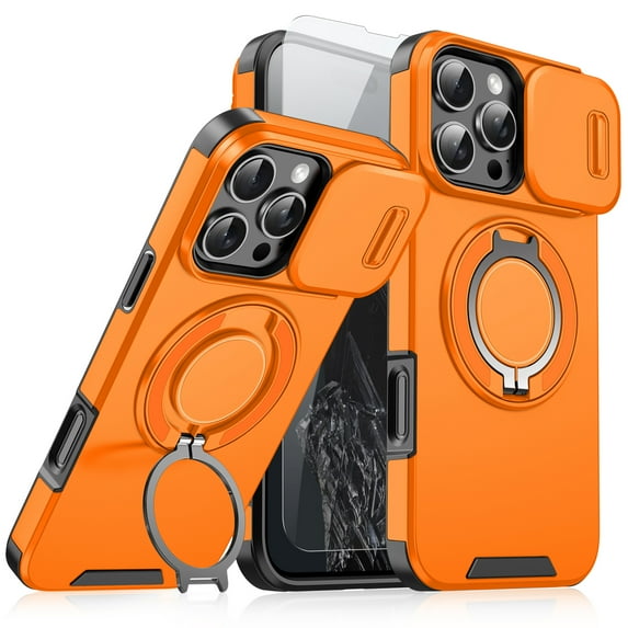 Dteck Case with Screen Protector for iPhone 14 Pro,Magnetic Stand TPU+PC Case with Camera Cover Military Grade Protective Shockproof Case for iPhone 14 Pro ,Orange