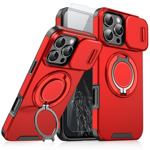Dteck Case with Screen Protector for iPhone 14 Pro,Magnetic Stand TPU+PC Case with Camera Cover Military Grade Protective Shockproof Case for iPhone 14 Pro ,Red