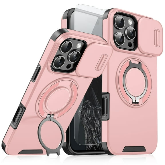 Dteck Case with Screen Protector for iPhone 14 Pro Max,Magnetic Stand TPU+PC Case with Camera Cover Military Grade Protective Shockproof Case for iPhone 14 Pro Max ,Pink
