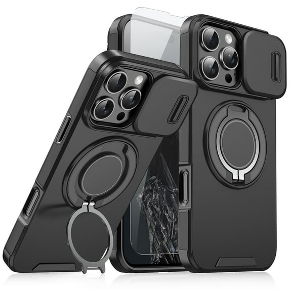 Dteck Case with Screen Protector for iPhone 15 Pro Max,Magnetic Stand TPU+PC Case with Camera Cover Military Grade Protective Shockproof Case for iPhone 15 Pro Max ,Black